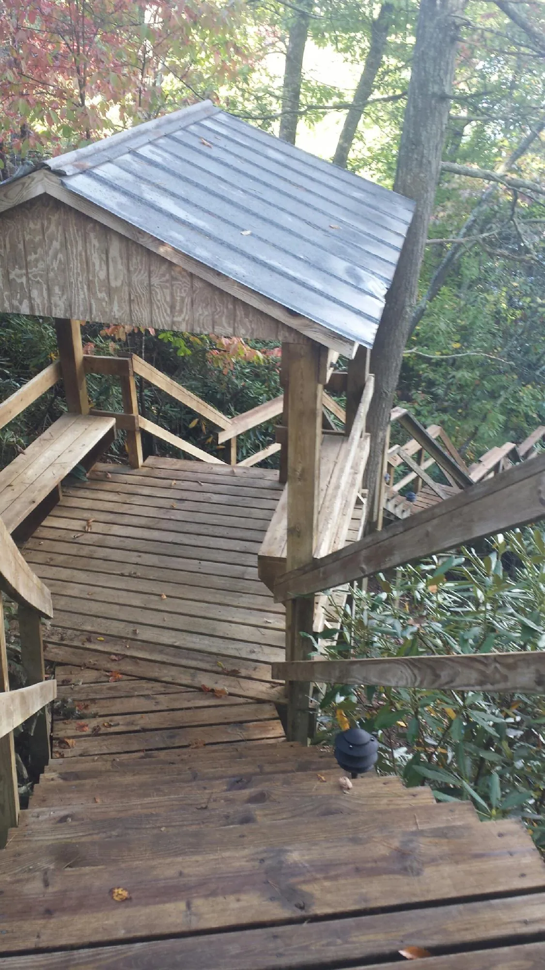 Metal roofed shelter over wooden steps on a wooded walkway — Skylight Repair & Installation work by our crew in Commodore